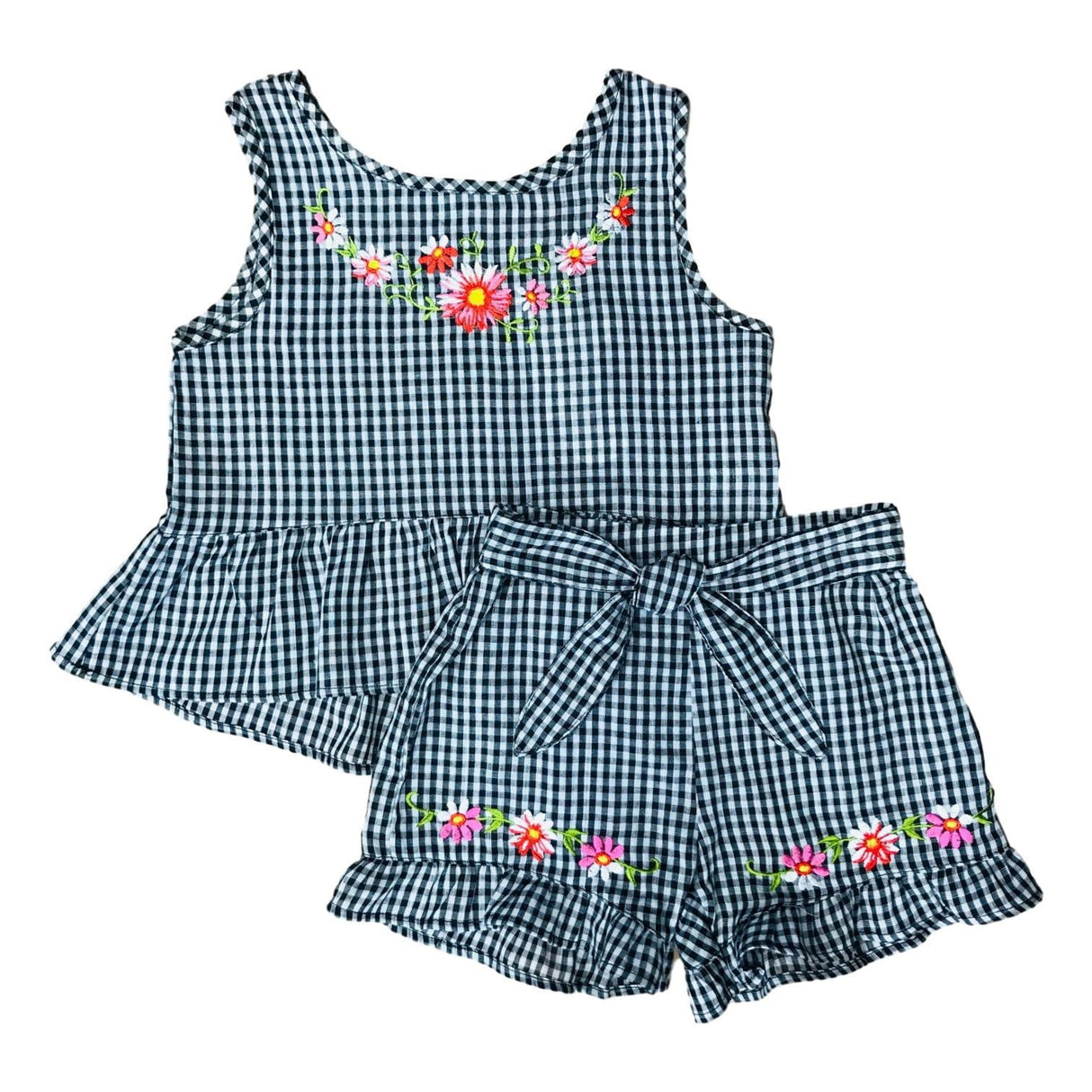 Girls Gingham Short Sets Cotton Fabric - Embroidered Gingham, Lime, Red, Black, Pink, Purple, Blue, Sizes 5-8 (1 Set)