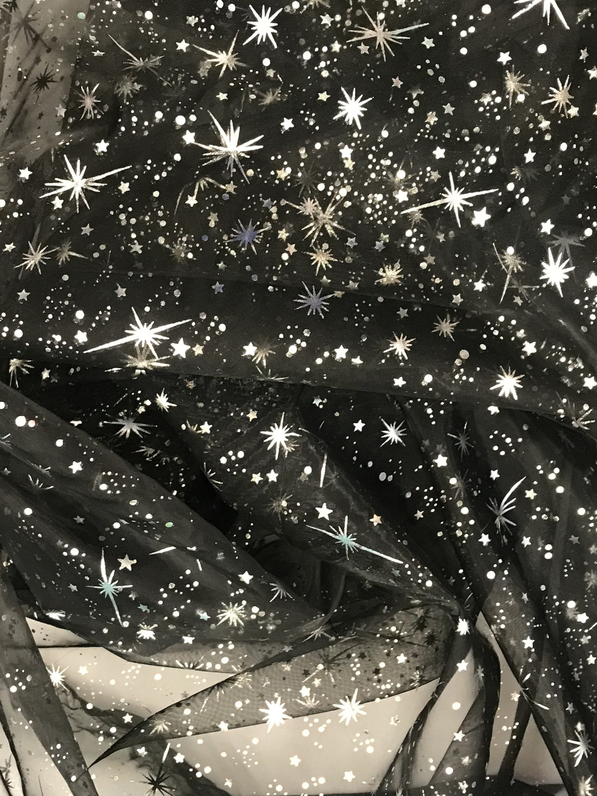 Black/Silver Stars Polyester Fabric - Metallic Silver Foil Star Stamped Sheer Organza, Black/Silver, 58/60" Width