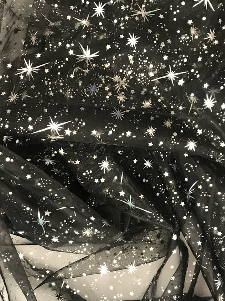 Black/Silver Stars Polyester Fabric - Metallic Silver Foil Star Stamped Sheer Organza, Black/Silver, 58/60" Width