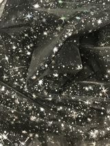 Black/Silver Stars Polyester Fabric - Metallic Silver Foil Star Stamped Sheer Organza, Black/Silver, 58/60" Width