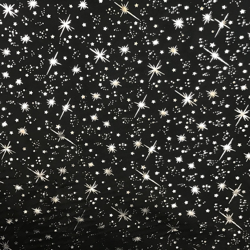 Black/Silver Stars Polyester Fabric - Metallic Silver Foil Star Stamped Sheer Organza, Black/Silver, 58/60" Width