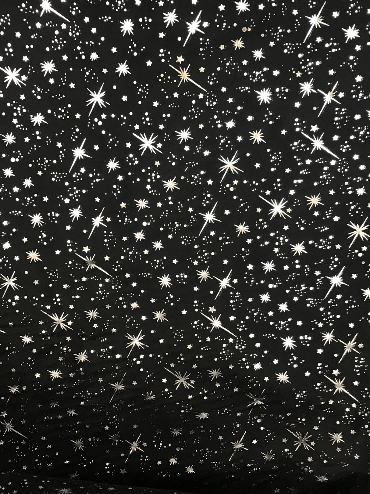 Black/Silver Stars Polyester Fabric - Metallic Silver Foil Star Stamped Sheer Organza, Black/Silver, 58/60" Width