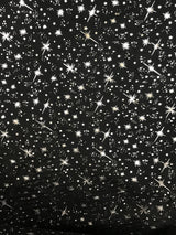 Black/Silver Stars Polyester Fabric - Metallic Silver Foil Star Stamped Sheer Organza, Black/Silver, 58/60" Width