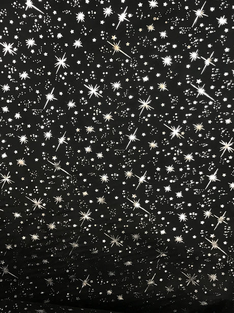 Black/Silver Stars Polyester Fabric - Metallic Silver Foil Star Stamped Sheer Organza, Black/Silver, 58/60" Width