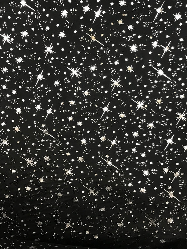 Black/Silver Stars Polyester Fabric - Metallic Silver Foil Star Stamped Sheer Organza, Black/Silver, 58/60" Width