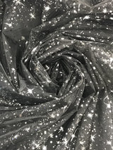 Black/Silver Stars Polyester Fabric - Metallic Silver Foil Star Stamped Sheer Organza, Black/Silver, 58/60" Width
