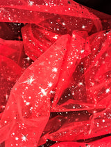 Red/Silver Stars Organza Polyester Fabric - Metallic Silver Foil Star Print, Sheer, 58/60" Width (1 Yard)