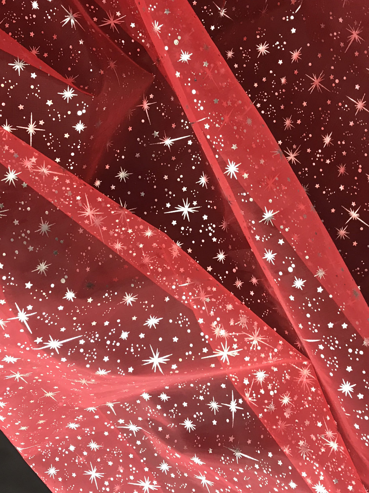Red/Silver Stars Organza Polyester Fabric - Metallic Silver Foil Star Print, Sheer, 58/60" Width (1 Yard)