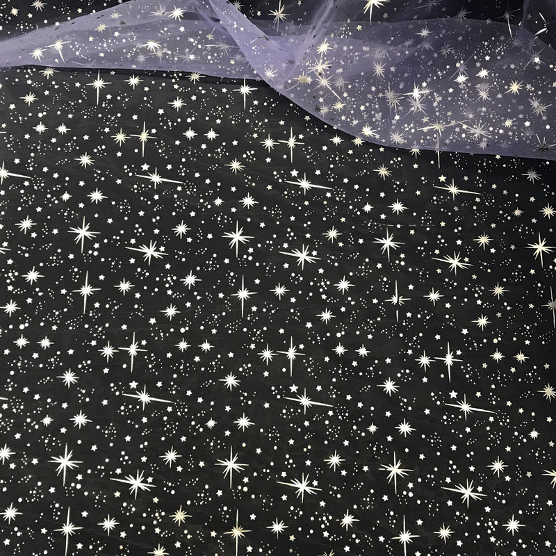Lilac/Silver Stars Polyester Organza Fabric - Metallic Silver Foil Star Stamped, Lilac/Silver, 58/60" Width
