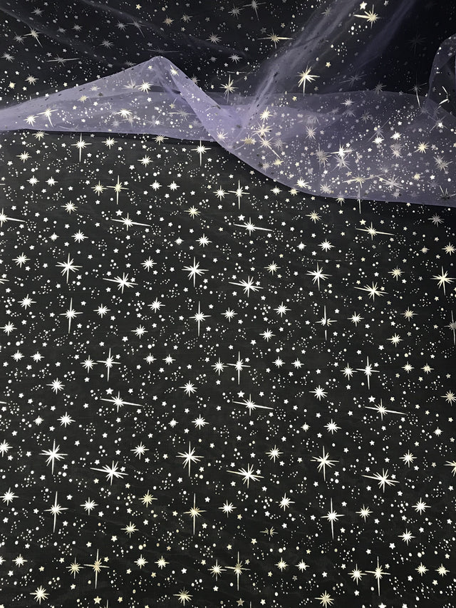 Lilac/Silver Stars Polyester Organza Fabric - Metallic Silver Foil Star Stamped, Lilac/Silver, 58/60" Width