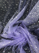 Lilac/Silver Stars Polyester Organza Fabric - Metallic Silver Foil Star Stamped, Lilac/Silver, 58/60" Width