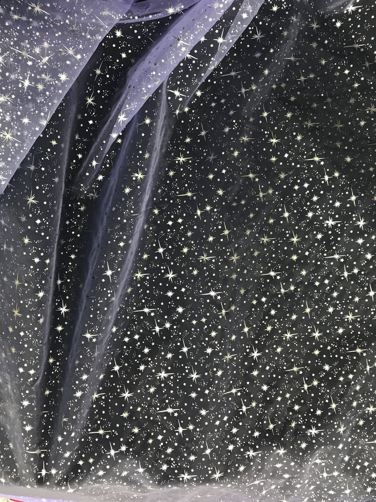 Lilac/Silver Stars Polyester Organza Fabric - Metallic Silver Foil Star Stamped, Lilac/Silver, 58/60" Width