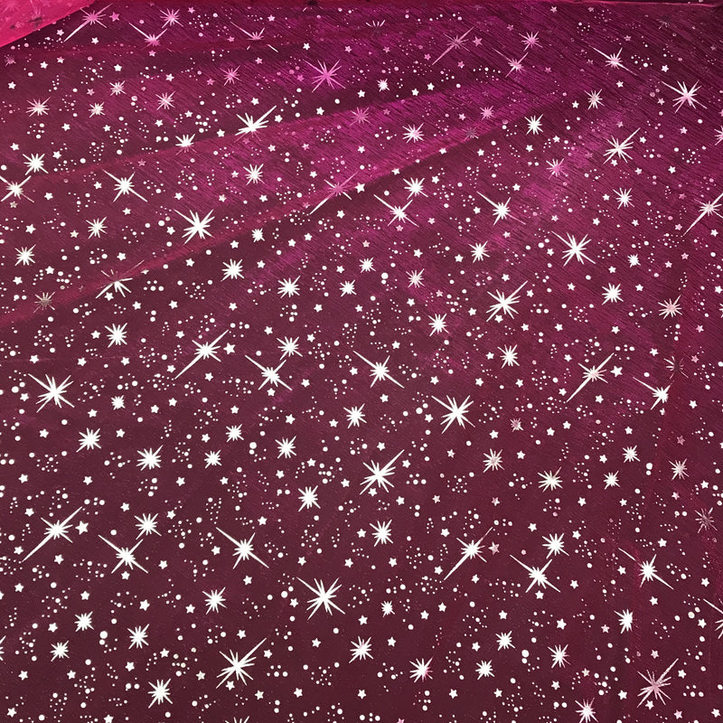 Neon Pink/Silver Stars Polyester Organza Fabric - Metallic Silver Foil Star Print, 58/60" Width