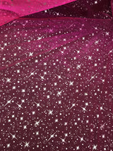 Neon Pink/Silver Stars Polyester Organza Fabric - Metallic Silver Foil Star Print, 58/60" Width
