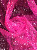 Neon Pink/Silver Stars Polyester Organza Fabric - Metallic Silver Foil Star Print, 58/60" Width