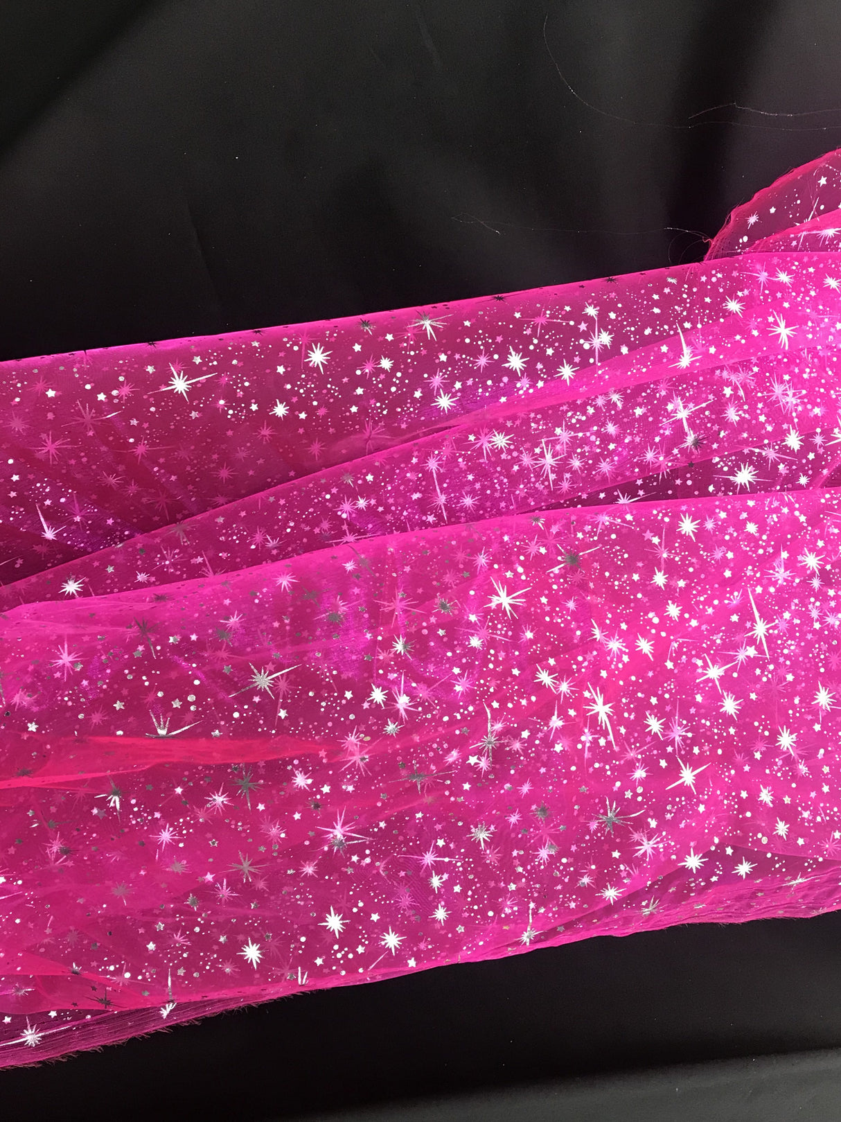 Neon Pink/Silver Stars Polyester Organza Fabric - Metallic Silver Foil Star Print, 58/60" Width
