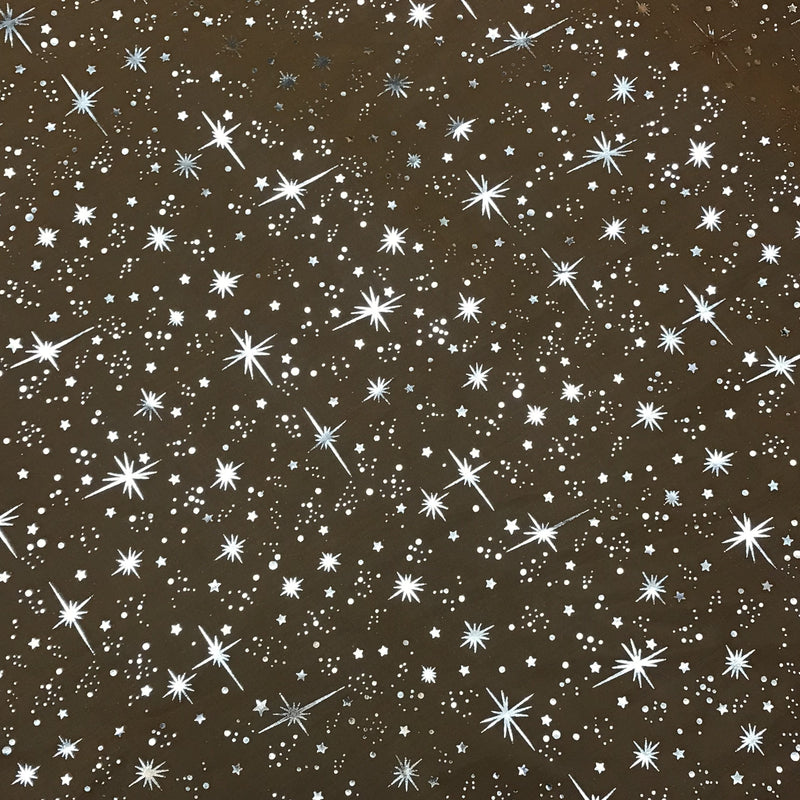 Orange/Silver Stars Polyester Organza Fabric - Metallic Silver Foil Star Print, Orange/Silver, 58/60" Width