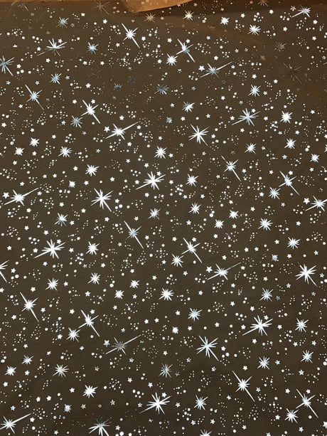 Orange/Silver Stars Polyester Organza Fabric - Metallic Silver Foil Star Print, Orange/Silver, 58/60" Width