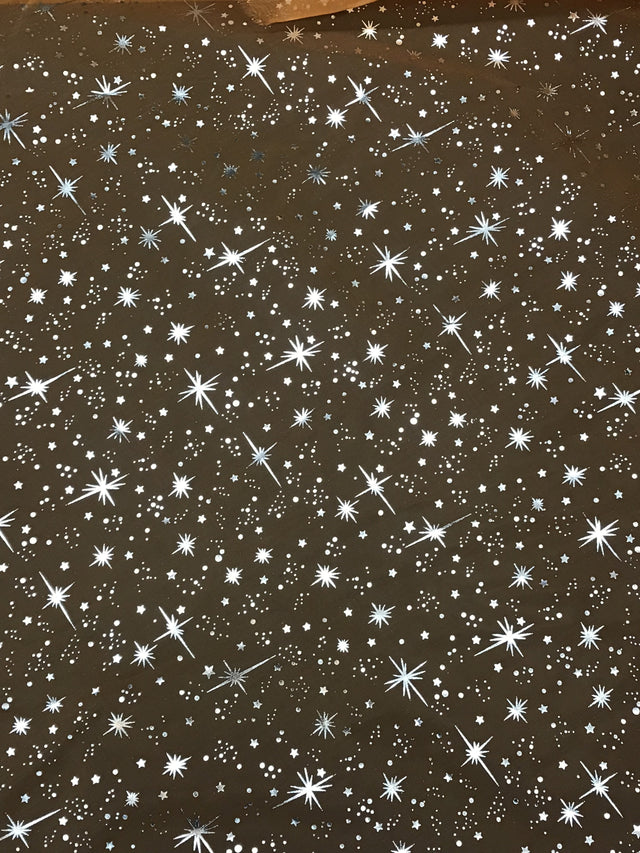 Orange/Silver Stars Polyester Organza Fabric - Metallic Silver Foil Star Print, Orange/Silver, 58/60" Width