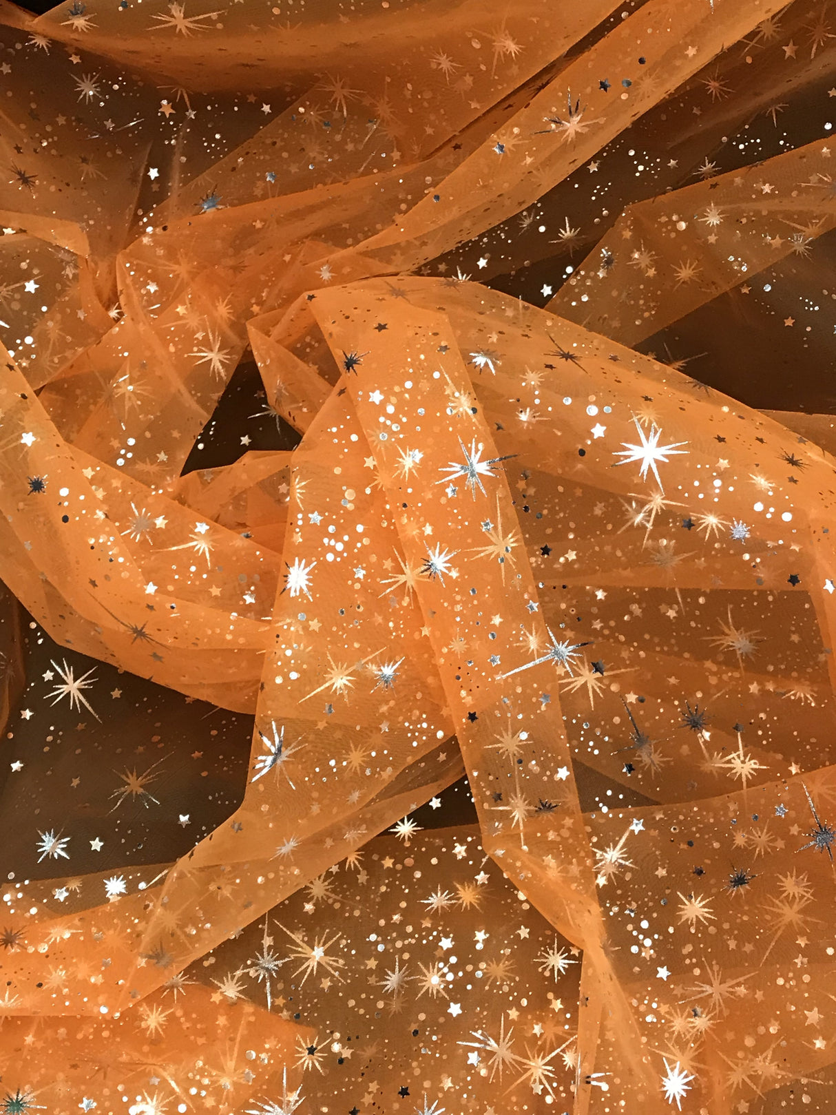 Orange/Silver Stars Polyester Organza Fabric - Metallic Silver Foil Star Print, Orange/Silver, 58/60" Width