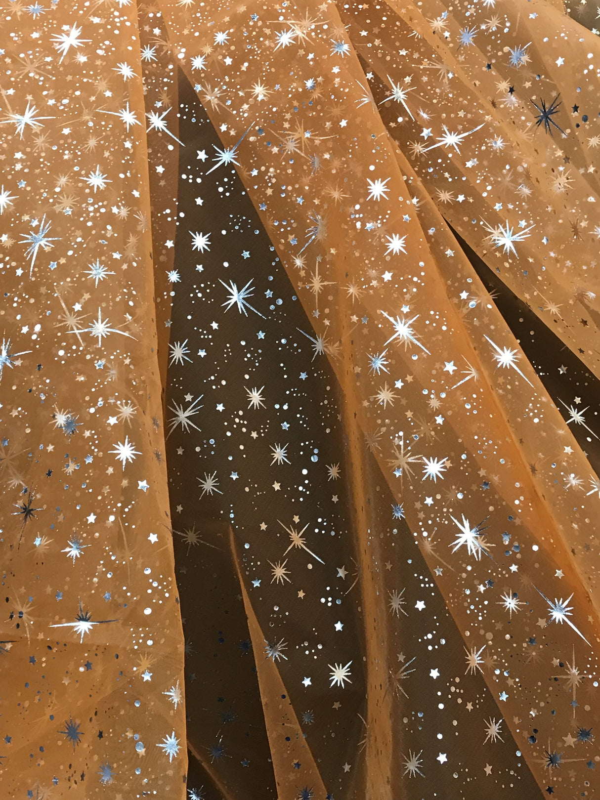 Orange/Silver Stars Polyester Organza Fabric - Metallic Silver Foil Star Print, Orange/Silver, 58/60" Width