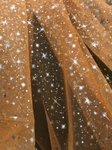 Orange/Silver Stars Polyester Organza Fabric - Metallic Silver Foil Star Print, Orange/Silver, 58/60" Width