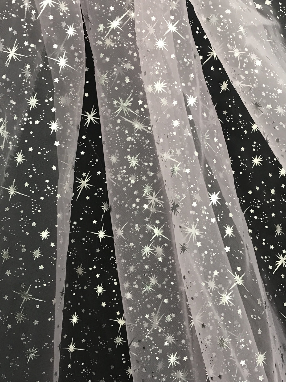 Pink/Silver Stars Polyester Organza Fabric - Metallic Silver Foil Star Print, Pink/Silver, 58/60" Width