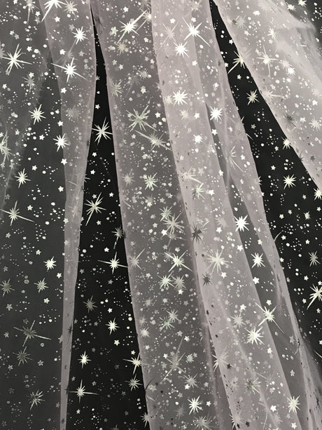 Pink/Silver Stars Polyester Organza Fabric - Metallic Silver Foil Star Print, Pink/Silver, 58/60" Width