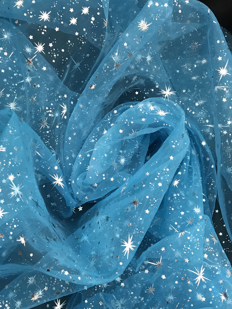 Turquoise/Silver Stars Polyester Organza Fabric - Metallic Silver Foil Star Print, 58/60" Width