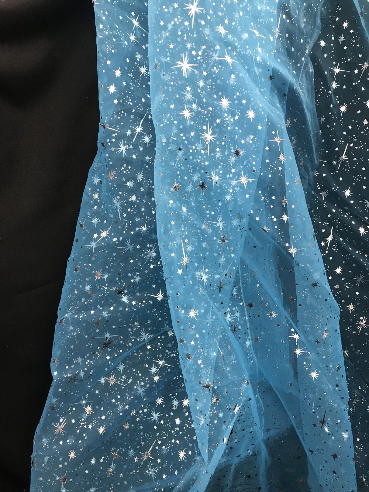 Turquoise/Silver Stars Polyester Organza Fabric - Metallic Silver Foil Star Print, 58/60" Width