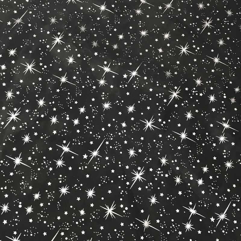 White/Silver Stars Polyester Fabric - Metallic Silver Foil Star Stamped Sheer Organza, White/Silver, 58/60" Width