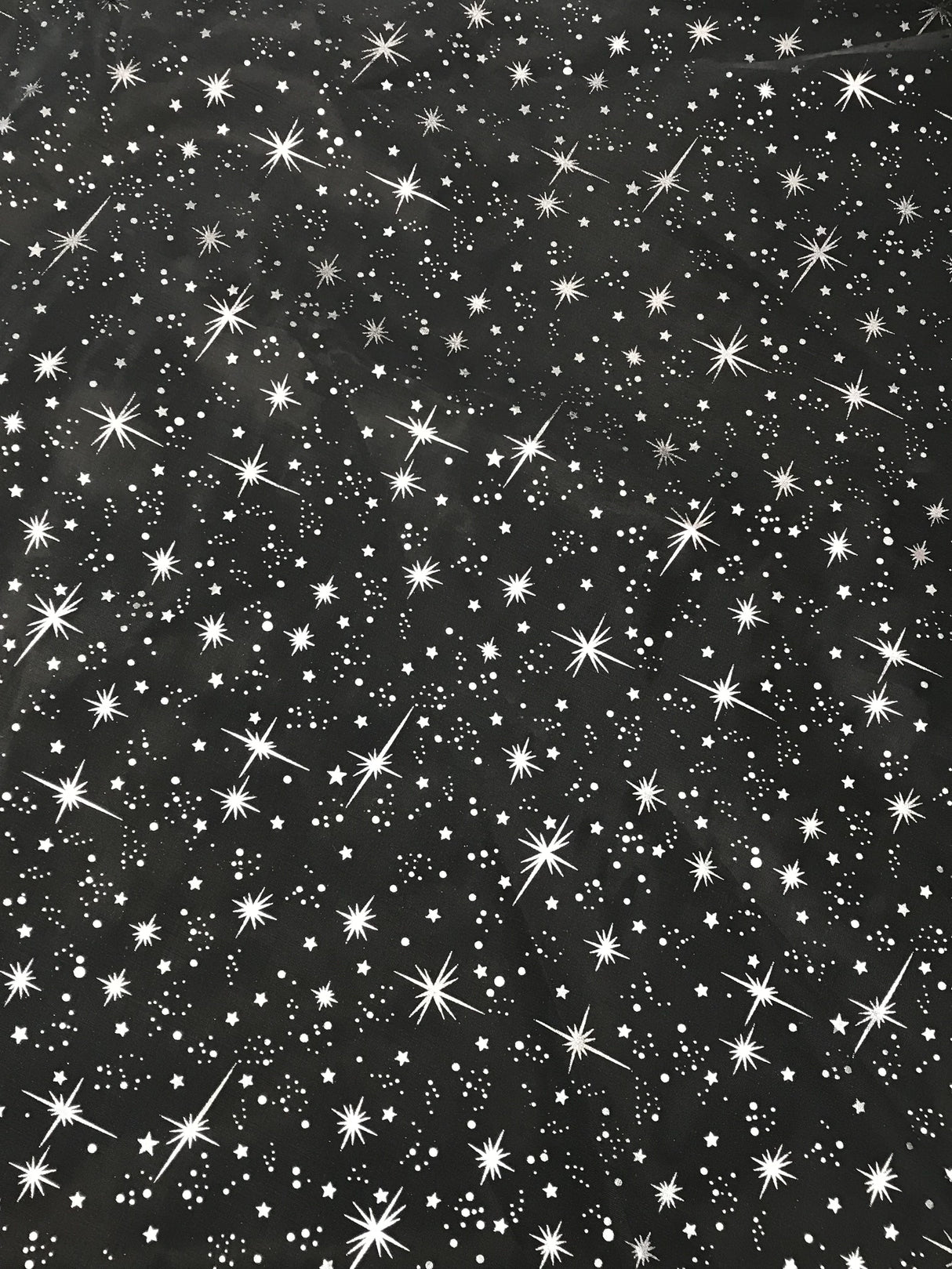 White/Silver Stars Polyester Fabric - Metallic Silver Foil Star Stamped Sheer Organza, White/Silver, 58/60" Width