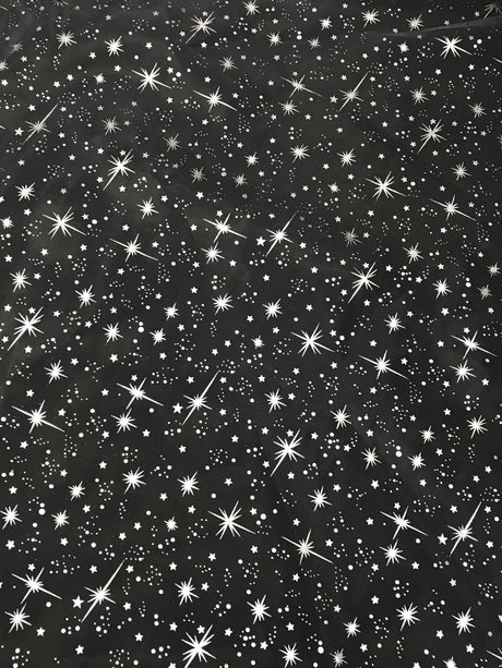 White/Silver Stars Polyester Fabric - Metallic Silver Foil Star Stamped Sheer Organza, White/Silver, 58/60" Width