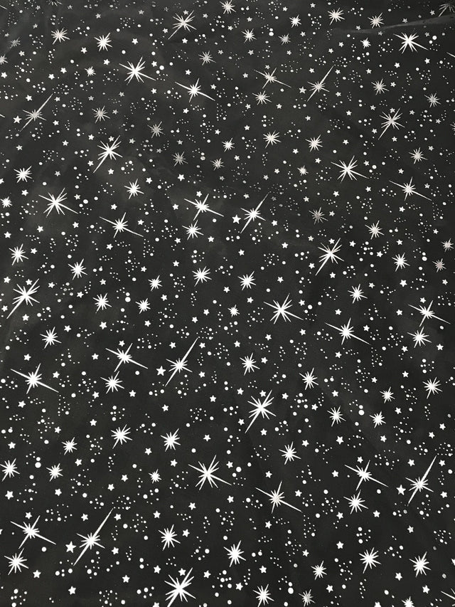 White/Silver Stars Polyester Fabric - Metallic Silver Foil Star Stamped Sheer Organza, White/Silver, 58/60" Width