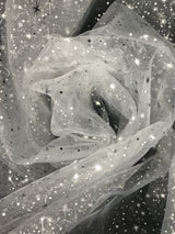 White/Silver Stars Polyester Fabric - Metallic Silver Foil Star Stamped Sheer Organza, White/Silver, 58/60" Width