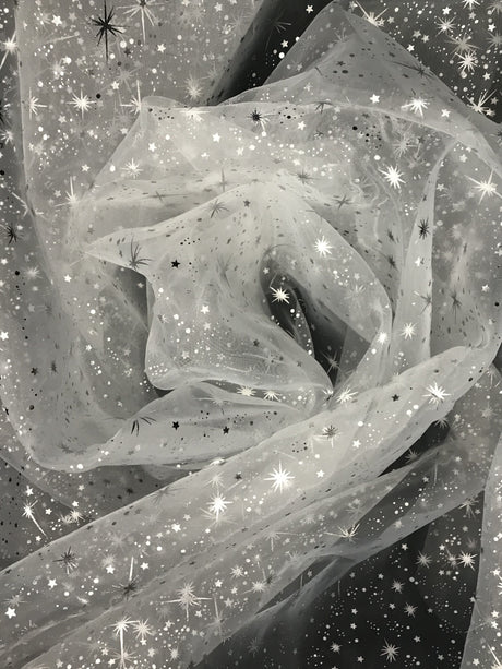 White/Silver Stars Polyester Fabric - Metallic Silver Foil Star Stamped Sheer Organza, White/Silver, 58/60" Width