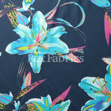 Stargazer Nylon Spandex Fabric - Black Coral Or Smokey Teal Lilium Floral, 58/60" Width (1 Yard)