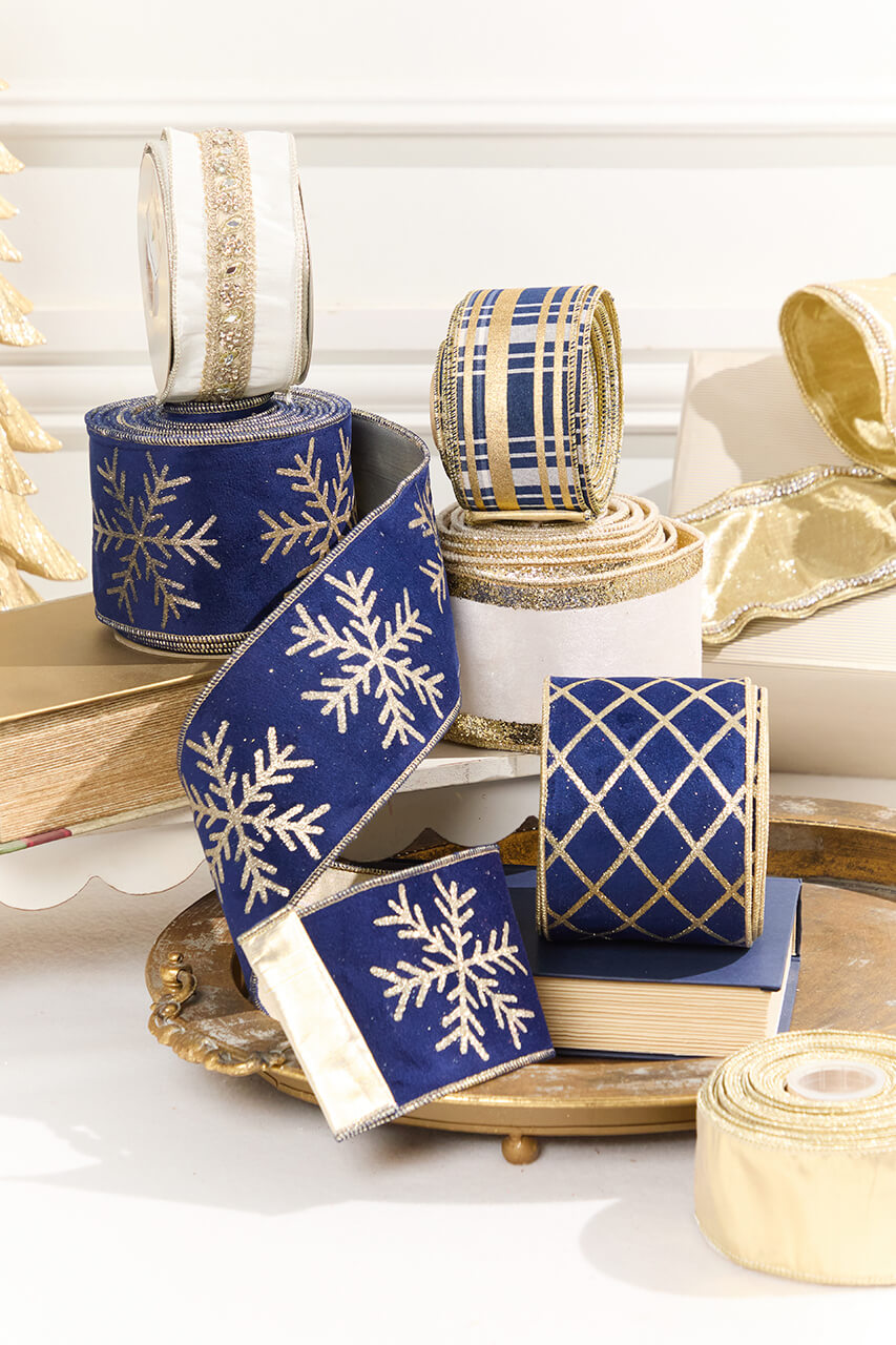 4" x 10 Yard Blue Velvet with Gold Diamond Pattern Ribbon