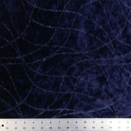 Glitter Strings On Velvet Stretch Fabric - Plum And Navy, Glitter Strand Design, 54"/58" Wide