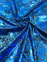 Stretch Velvet Splatter Foil Design Foil Stretch Velvet Fabric - Red, Royal Blue, Copper, Silver, Gold, 58" Width (1 Yard)