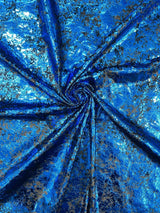 Stretch Velvet Splatter Foil Design Foil Stretch Velvet Fabric - Red, Royal Blue, Copper, Silver, Gold, 58" Width (1 Yard)