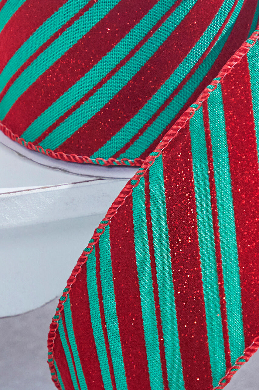 2.5" x 10 Yard Green With Red Glitter Diagonal Stripe Wired Ribbon
