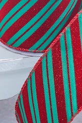2.5" x 10 Yard Green With Red Glitter Diagonal Stripe Wired Ribbon