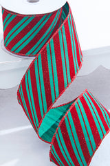 2.5" x 10 Yard Green With Red Glitter Diagonal Stripe Wired Ribbon