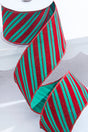 2.5" x 10 Yard Green With Red Glitter Diagonal Stripe Wired Ribbon