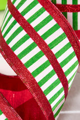 4 Inch x 10 Yard Green and White Striped Wired Christmas Ribbon with Red Glitter Holiday Bow Wreath Tree Gift Wrapping Decor