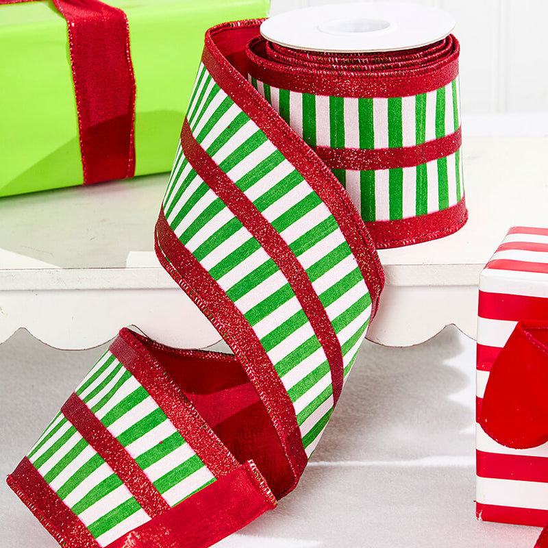 4" x 10 Yard Green and White Striped Ribbon