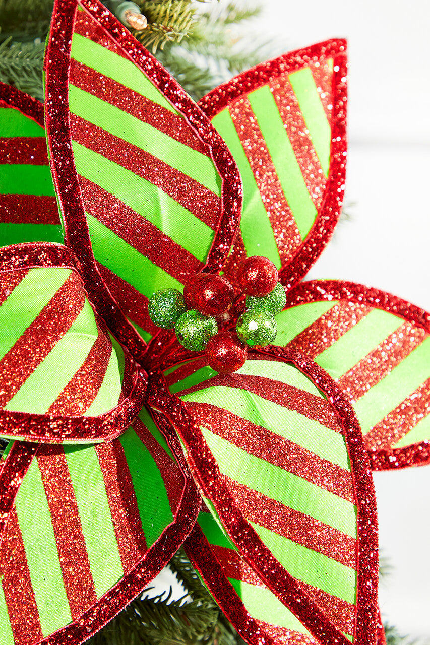 23" x 12" Green and Red Stripe Poinsettia Stem