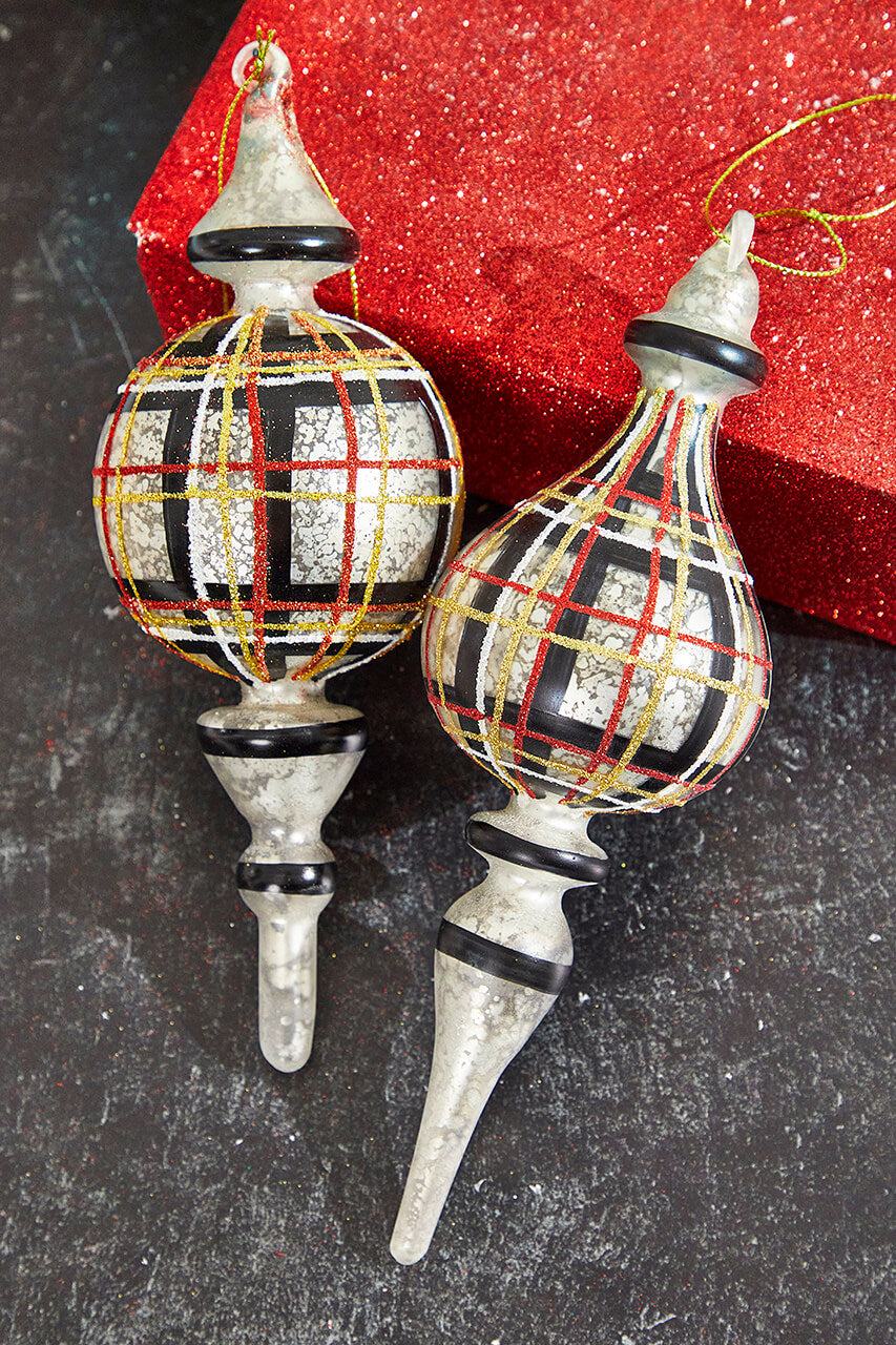 9" Holiday Plaid Finial Glass Ornament