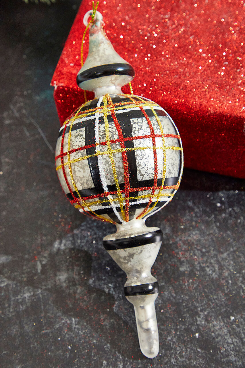 9" Holiday Plaid Finial Glass Ornament